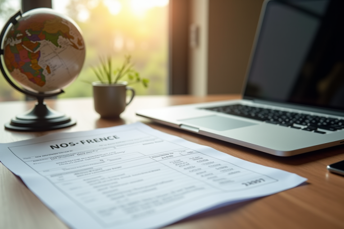 Document fiscal français sur un bureau en bois avec globe et ordinateur