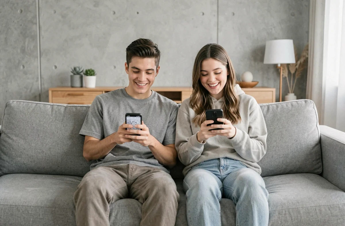 Deux jeunes adultes lisant des scans manga sur smartphone assis sur un canapé dans un salon moderne