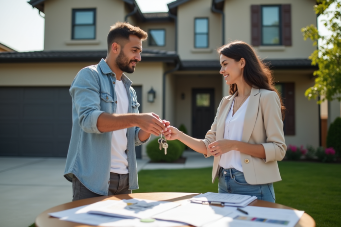 echange-cles-immobilier Deux personnes échangeant des clés devant une maison moderne