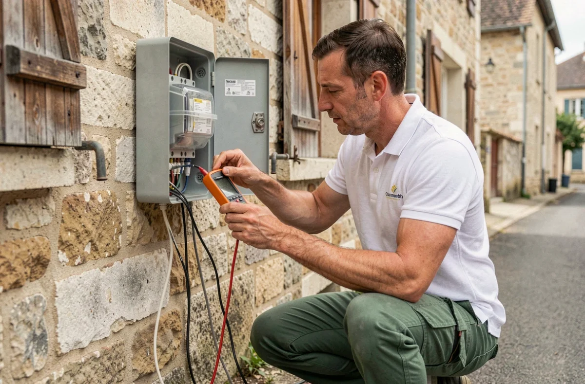 Électricien vérifiant un compteur électrique sur une maison en pierre dans le Cher