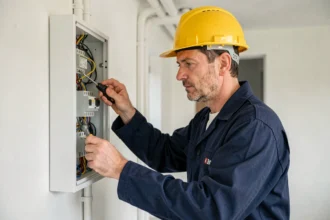 Électricien professionnel installant un tableau électrique dans une maison du Cher