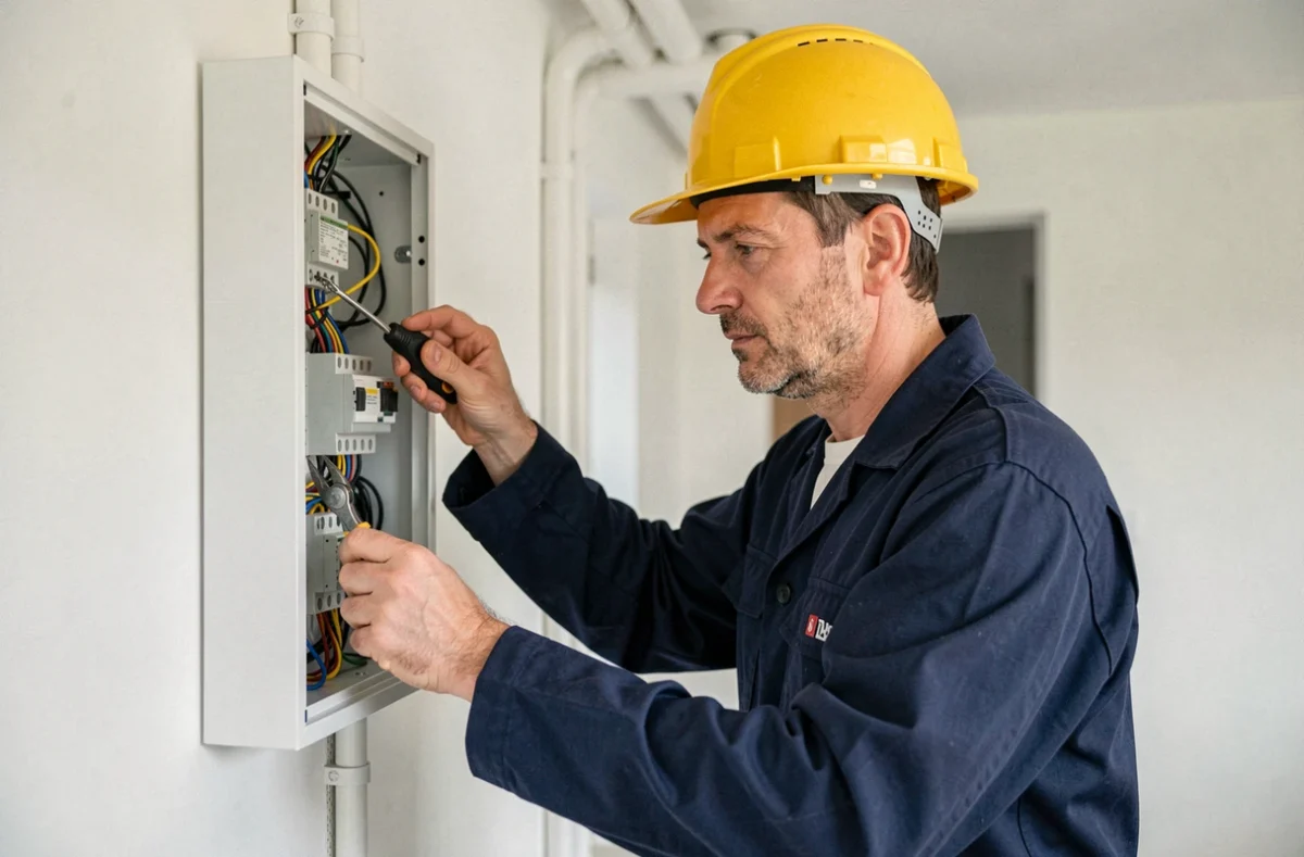 Électricien professionnel installant un tableau électrique dans une maison du Cher