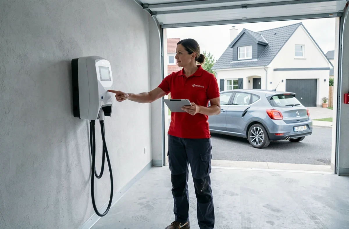 Électricienne présentant une borne de recharge pour voiture électrique dans un garage du Cher