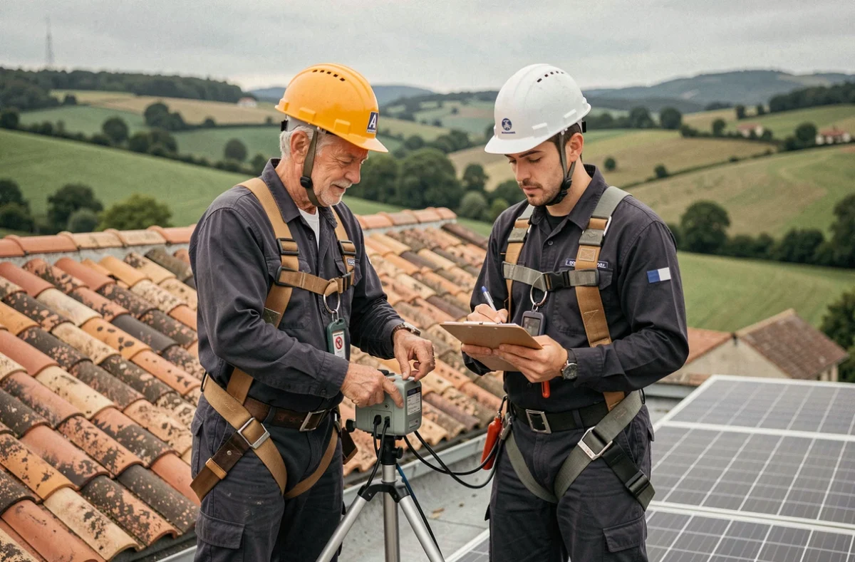 Deux électriciens raccordant des panneaux solaires sur un toit dans le Cher