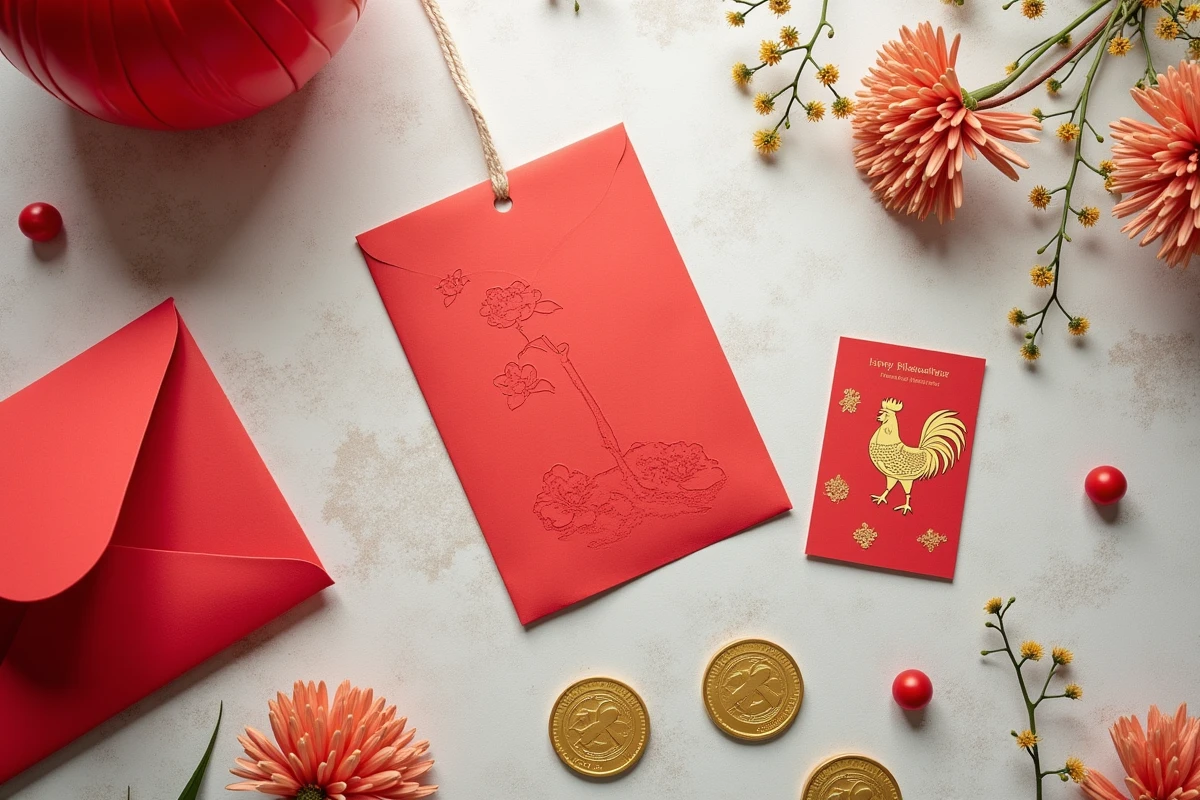 Mise en scène d'éléments du Nouvel An chinois avec enveloppe rouge et motifs de coq, symbolisant le signe du Coq d'Eau 1993