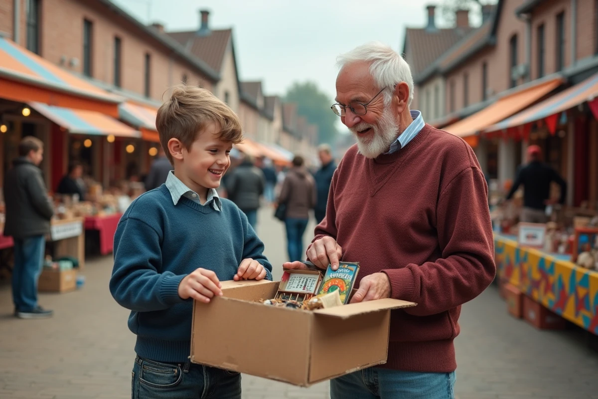 Grand-pere et enfant rient en découvrant des jouets vintage