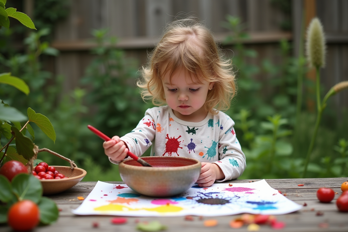 Enfant peignant avec des pigments naturels dans un jardin verdoyant