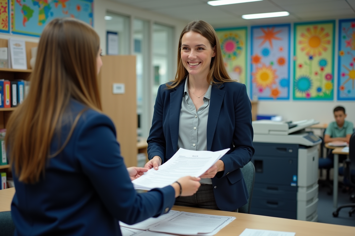 Enseignante remettant un formulaire à l