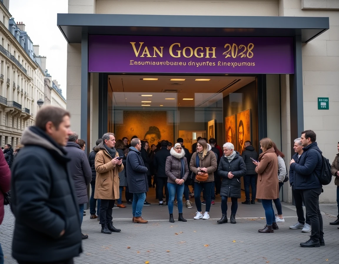 File d'attente devant l'entrée de l'exposition Van Gogh à Lyon avec bannière officielle 2026