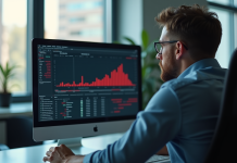 Un professionnel inquiet regarde un écran avec graphique en baisse
