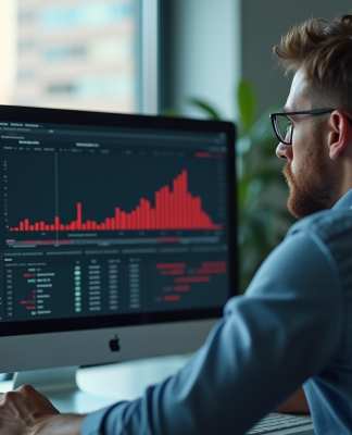Un professionnel inquiet regarde un écran avec graphique en baisse
