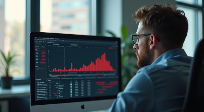Un professionnel inquiet regarde un écran avec graphique en baisse