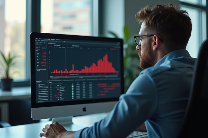 Un professionnel inquiet regarde un écran avec graphique en baisse