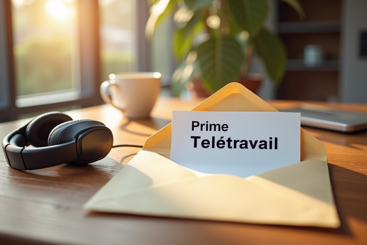 Enveloppe avec lettre prime teletravail sur table en matinée