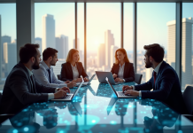 Groupe de professionnels discutant avec table de tablettes et hologrammes