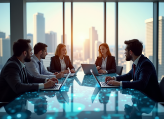 Technologie et économie : comment l’innovation booste les affaires ! Groupe de professionnels discutant avec table de tablettes et hologrammes