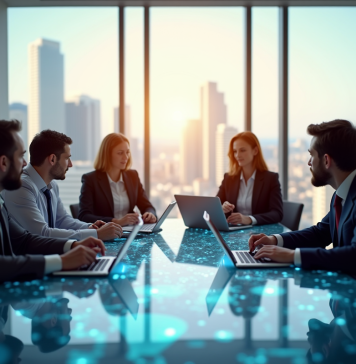 Technologie et économie : comment l’innovation booste les affaires ! Groupe de professionnels discutant avec table de tablettes et hologrammes