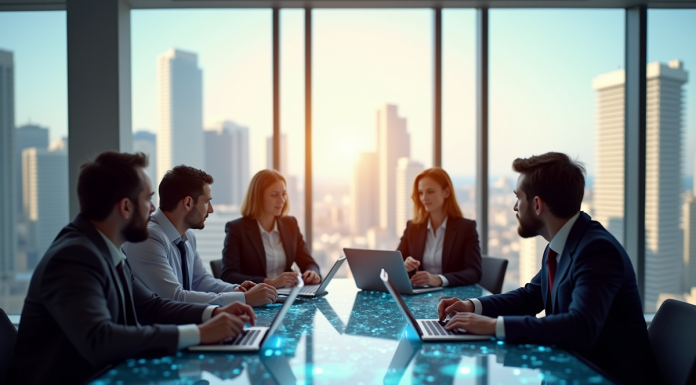 Groupe de professionnels discutant avec table de tablettes et hologrammes