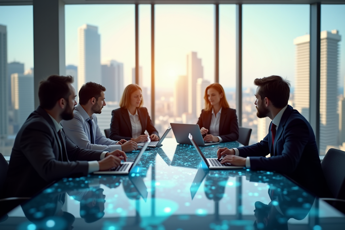 Groupe de professionnels discutant avec table de tablettes et hologrammes