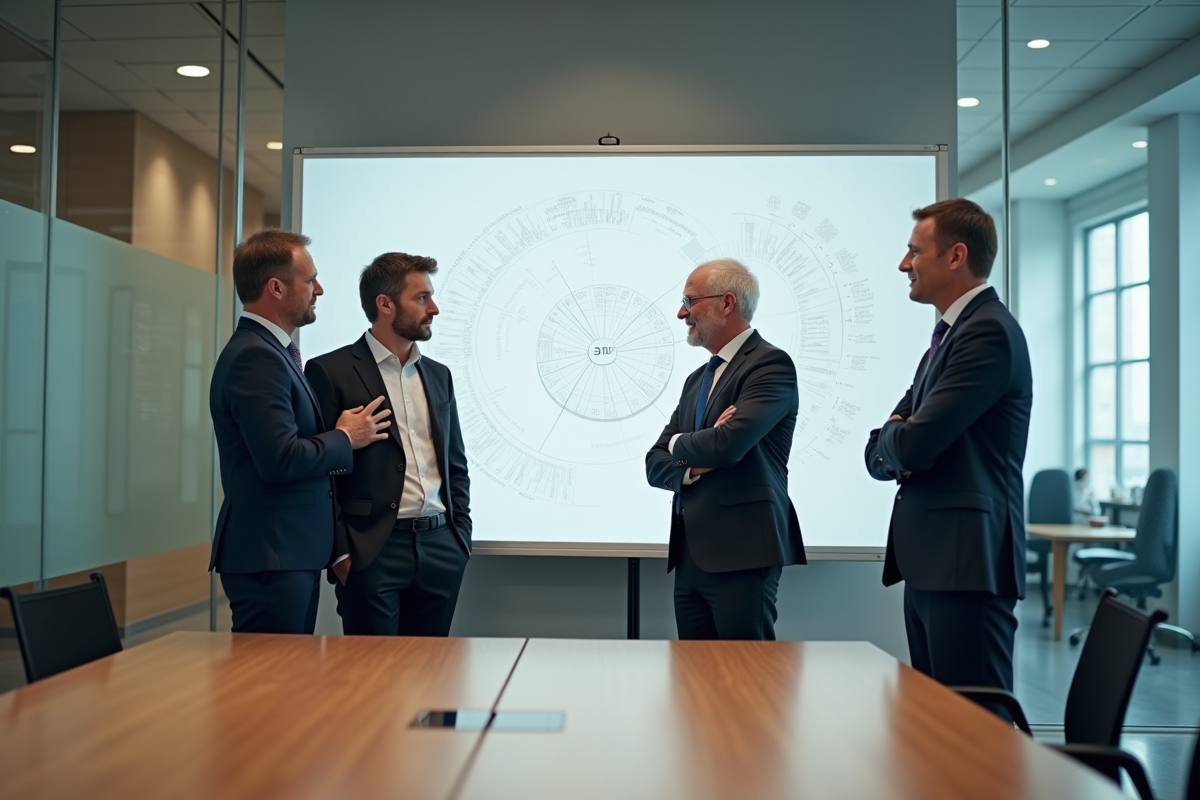 Groupe de professionnels discutant devant un tableau blanc