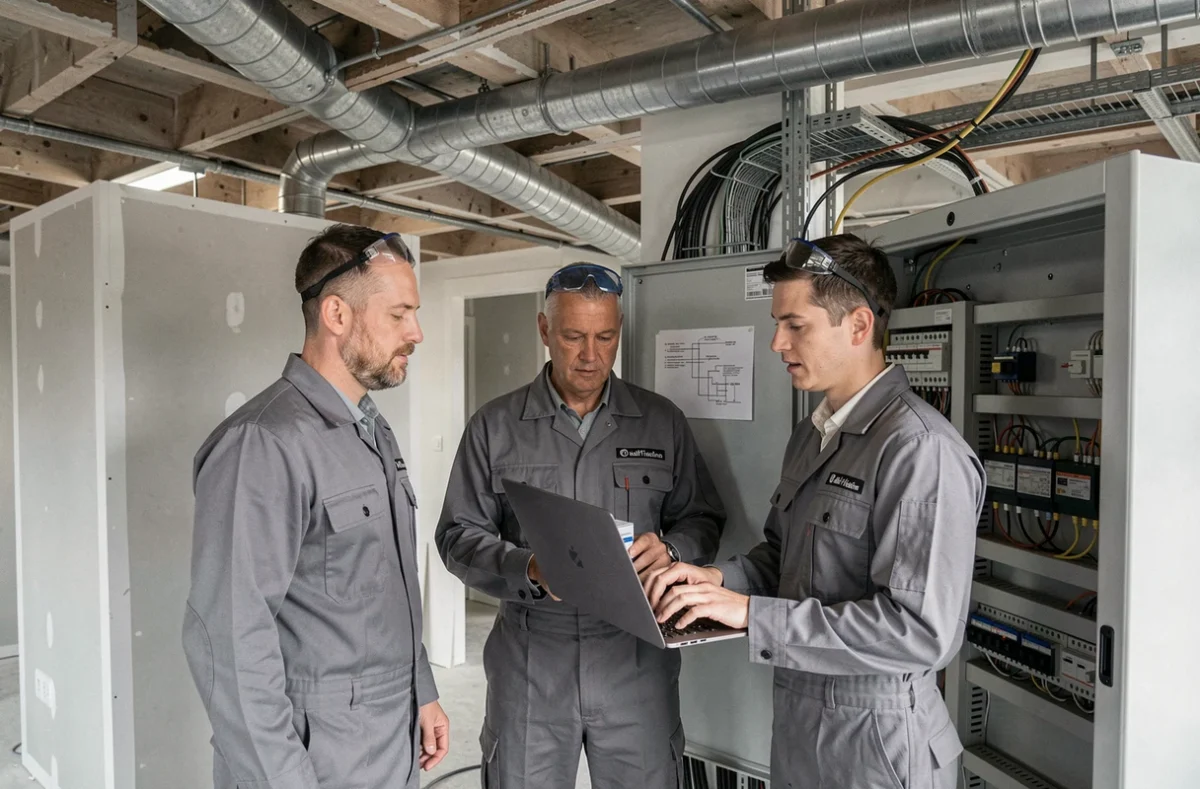 Équipe d'électriciens travaillant sur un tableau de distribution dans un bureau à Vierzon dans le Cher