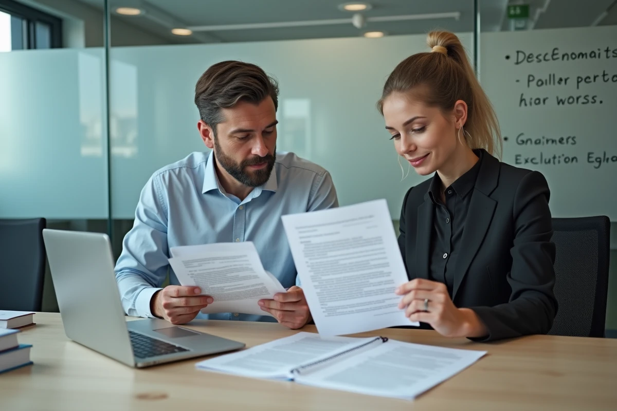 Deux professionnels des ressources humaines comparant des documents contractuels en allemand et en français lors d'une réunion