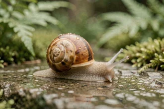Escargot sur une pierre mouillée dans un jardin verdoyant, symbolisant la lenteur et la spiritualité