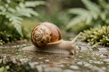 Escargot sur une pierre mouillée dans un jardin verdoyant, symbolisant la lenteur et la spiritualité