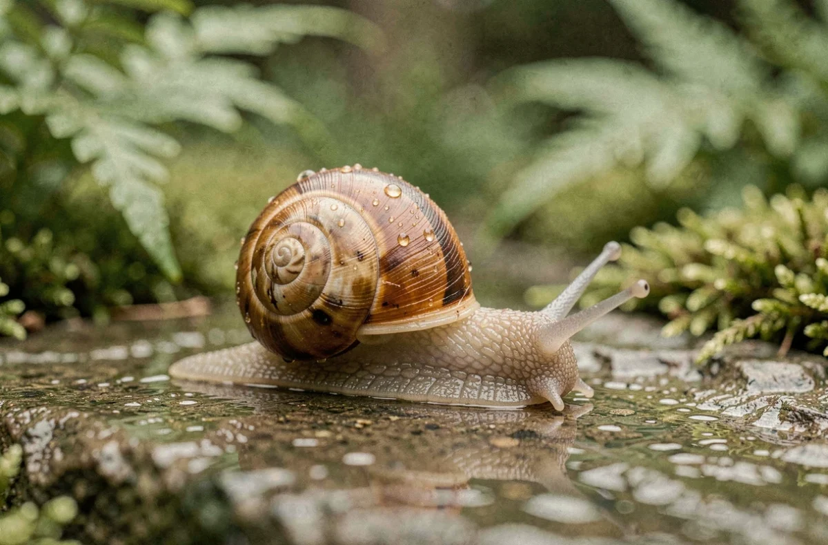 Escargot sur une pierre mouillée dans un jardin verdoyant, symbolisant la lenteur et la spiritualité