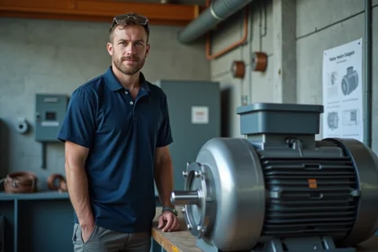 Étudiant BTS électrotechnique examinant un moteur synchrone industriel dans un laboratoire de formation professionnelle