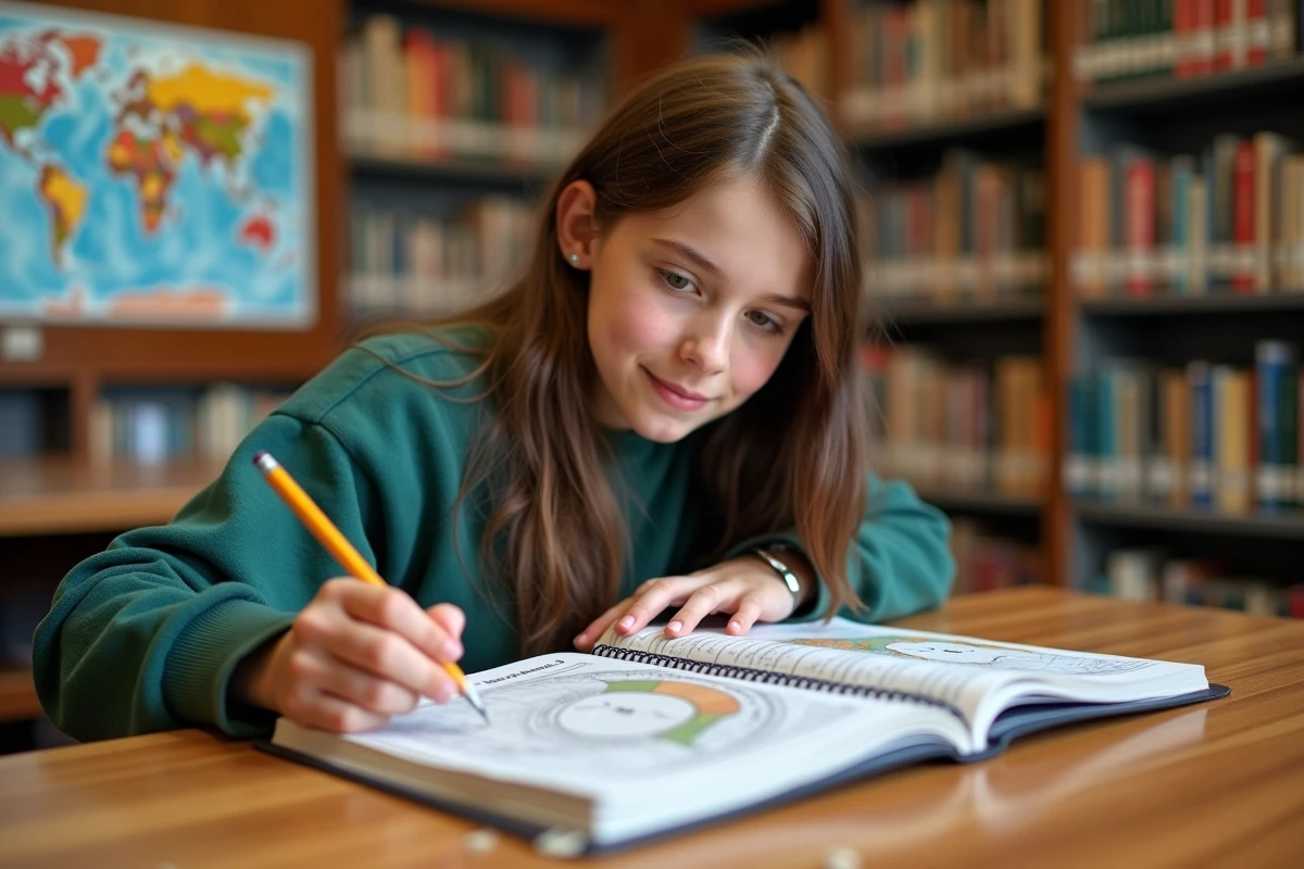 Étudiant convertissant des miles en kilomètres dans un manuel scolaire à la bibliothèque