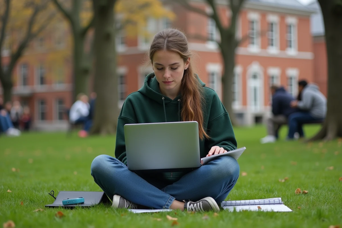 Étudiante prenant des notes sur un campus en vérifiant des informations sur une encyclopédie collaborative en ligne