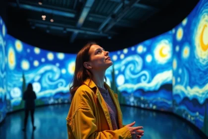 Femme admirant les projections immersives Van Gogh lors d'une exposition à Lyon en 2026