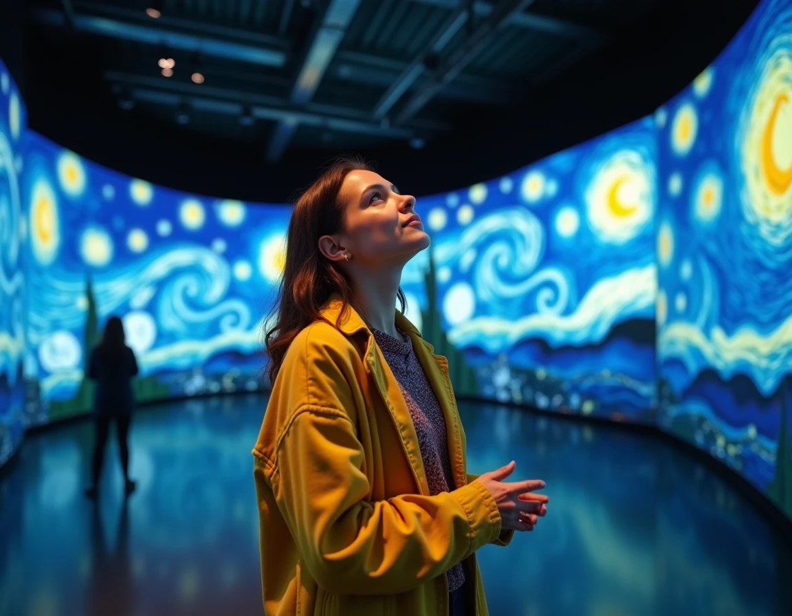Femme admirant les projections immersives Van Gogh lors d'une exposition à Lyon en 2026