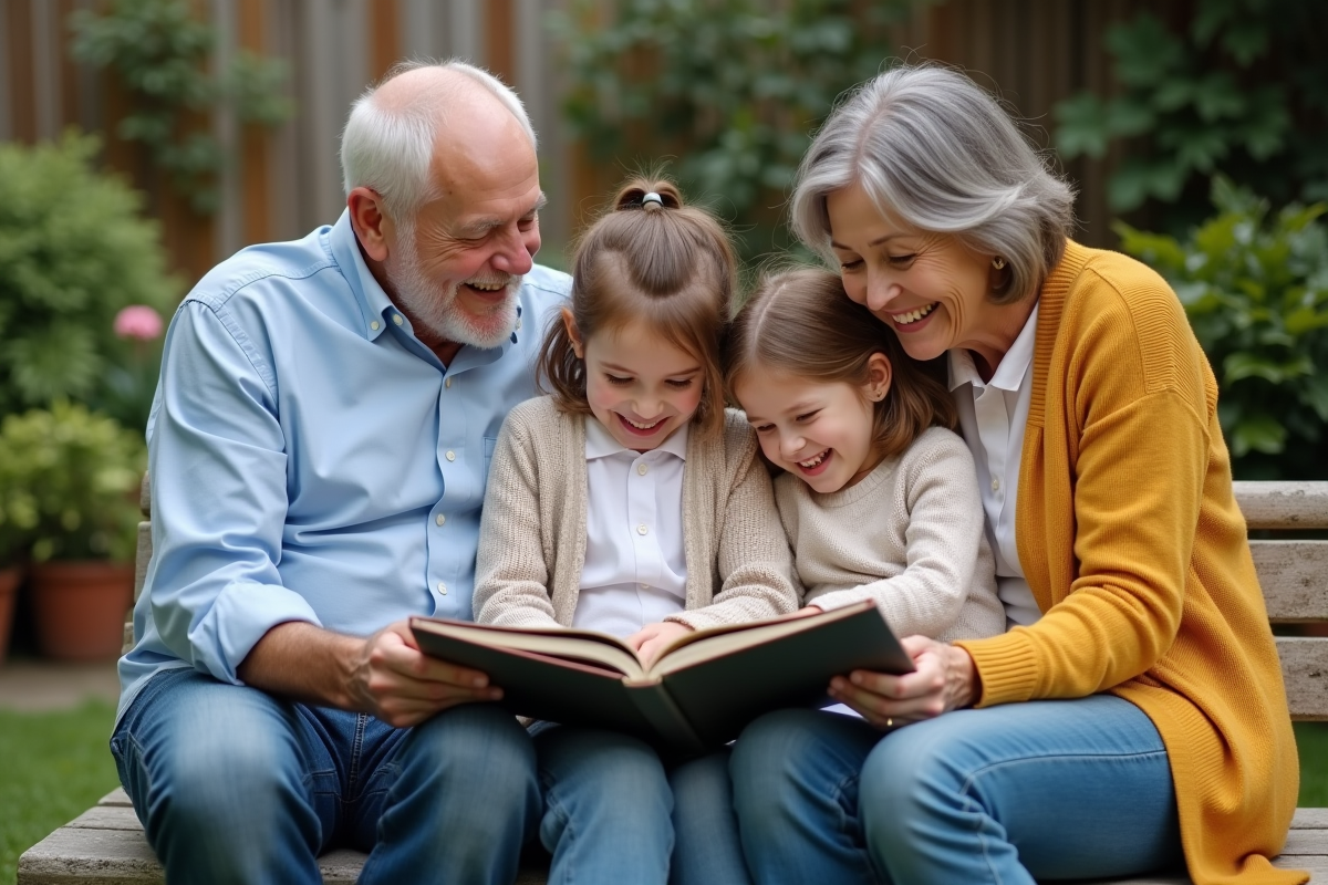 Famille réunie dans un jardin en pleine convivialite