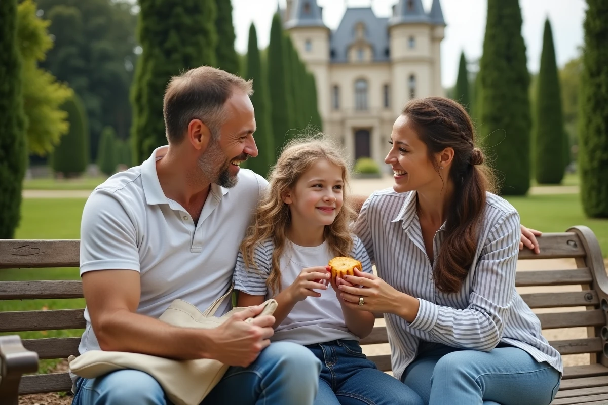 Famille se reposant dans le jardin du Palais Idéal du Facteur Cheval lors d'une journée de visite à Hauterives