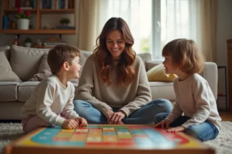 Mère et enfants jouant ensemble à un jeu de société sur le sol du salon, ambiance familiale chaleureuse et conviviale