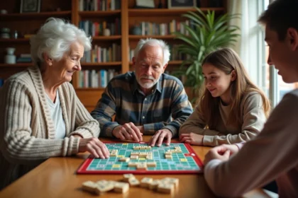 Famille réunie autour d'une table en bois pour une partie de Scrabble, grand-mère, père et adolescente concentrés sur le plateau de jeu
