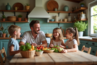 Famille souriante dans une cuisine rustique chaleureuse