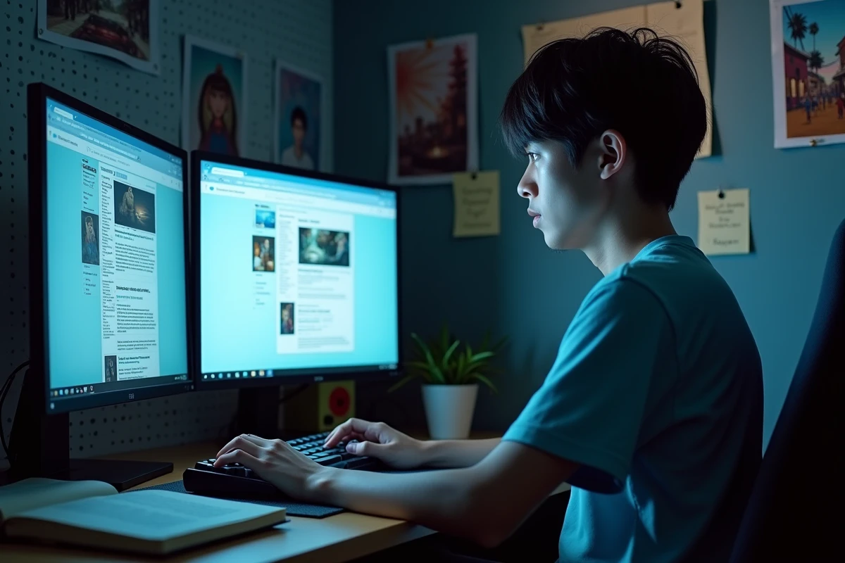 Fan de Jinx scan à son bureau tapant sur un forum de discussion avec des théories affichées sur plusieurs écrans