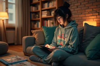 Jeune femme fan de manga lisant Jinx sur une tablette dans un salon décoré de volumes manga et de fan art