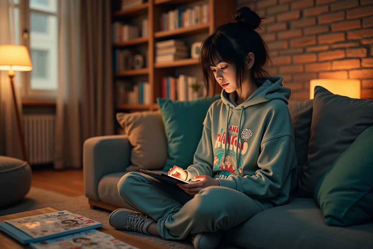 Jeune femme fan de manga lisant Jinx sur une tablette dans un salon décoré de volumes manga et de fan art