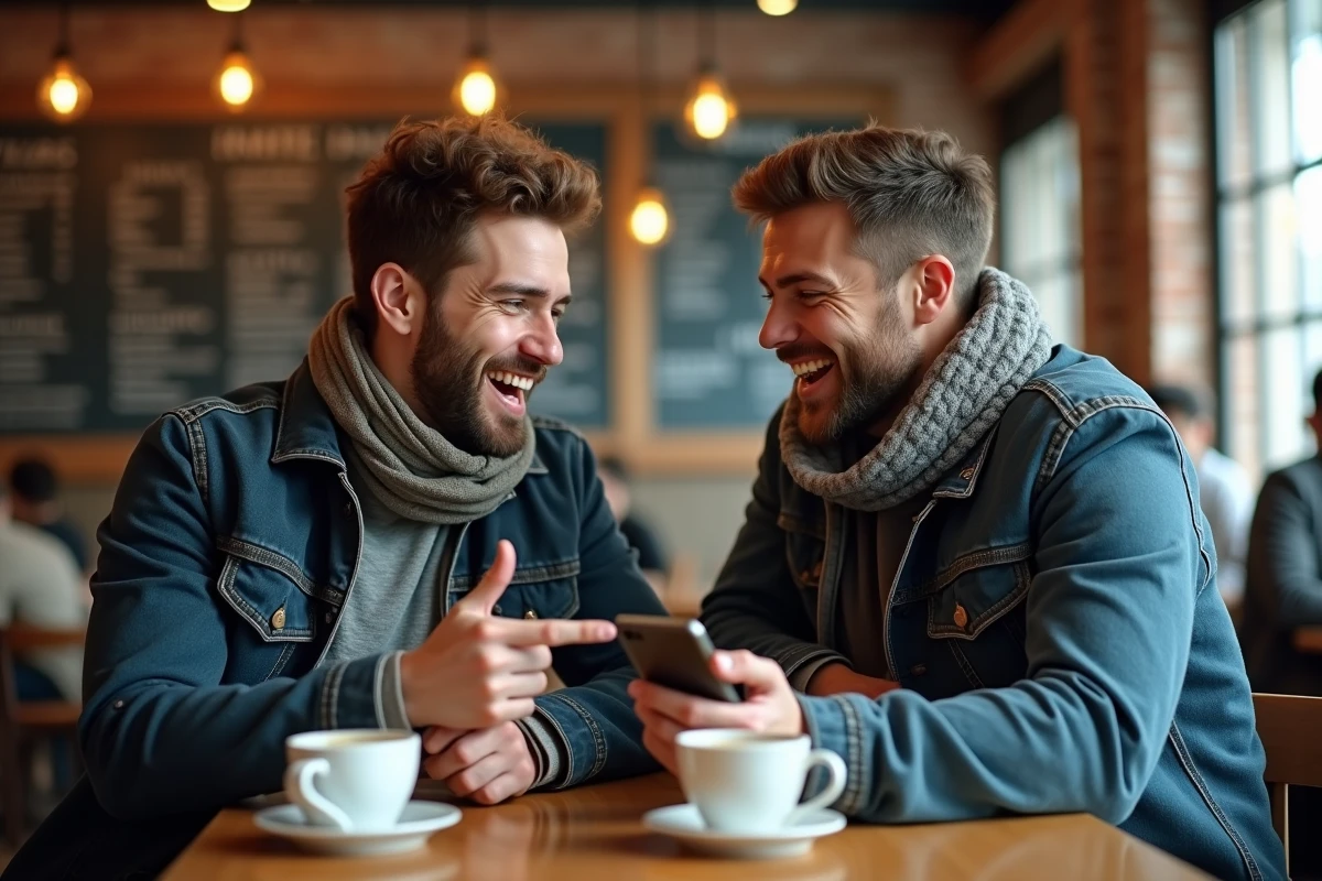 Deux fans de manhwa discutant de théories sur Jinx dans un café urbain autour d'un téléphone affichant une planche