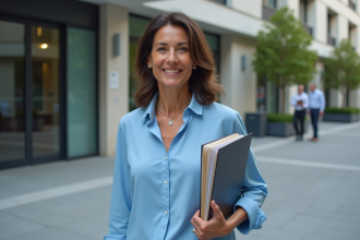 Femme d'âge moyen devant un bâtiment administratif français