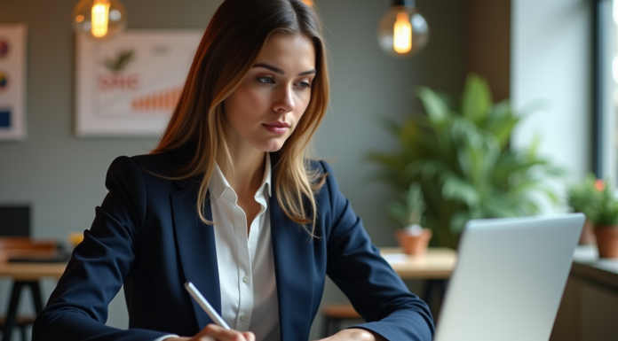 Jeune femme professionnelle analysant des données sur son ordinateur