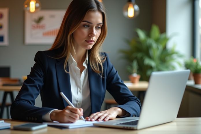 femme-analytique-coworking Jeune femme professionnelle analysant des données sur son ordinateur