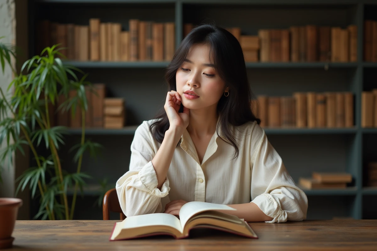 Jeune femme lisant un livre sur l'astrologie chinoise, représentant une personne née en 1993 sous le signe du Coq d'Eau