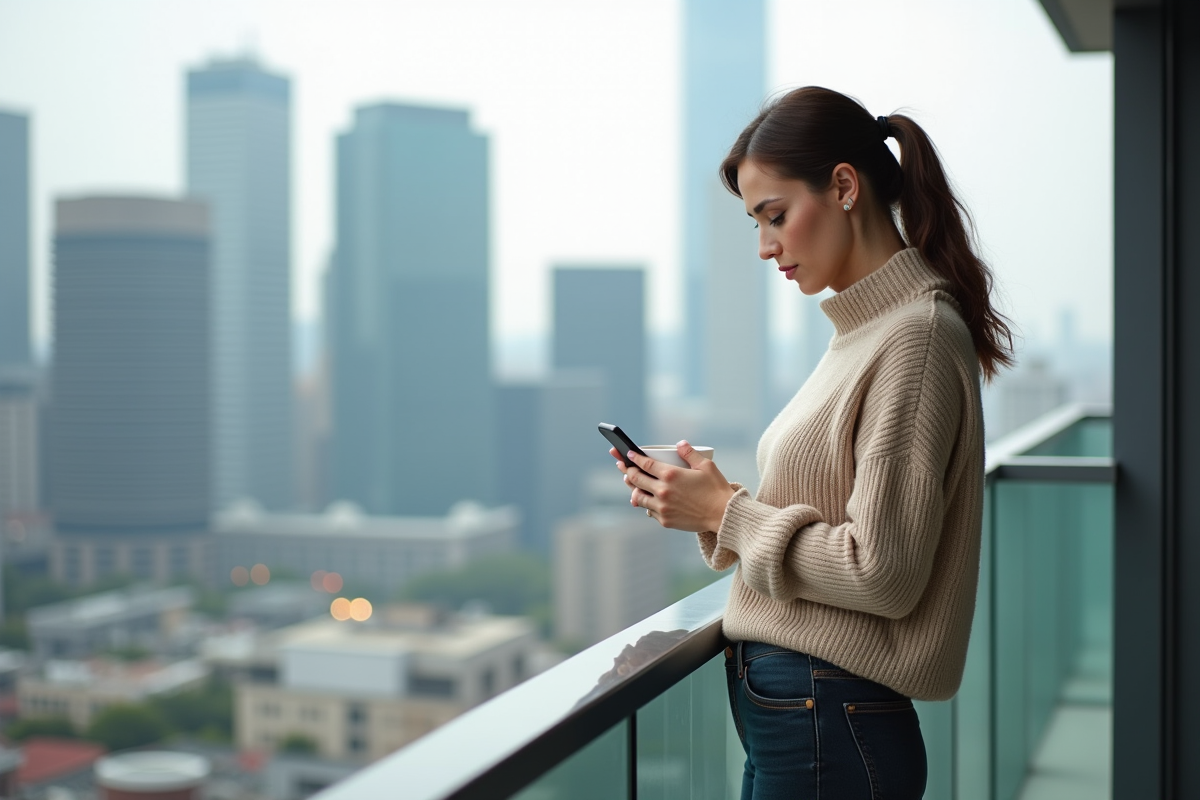 Femme sur balcon urbain regardant son smartphone avec détermination
