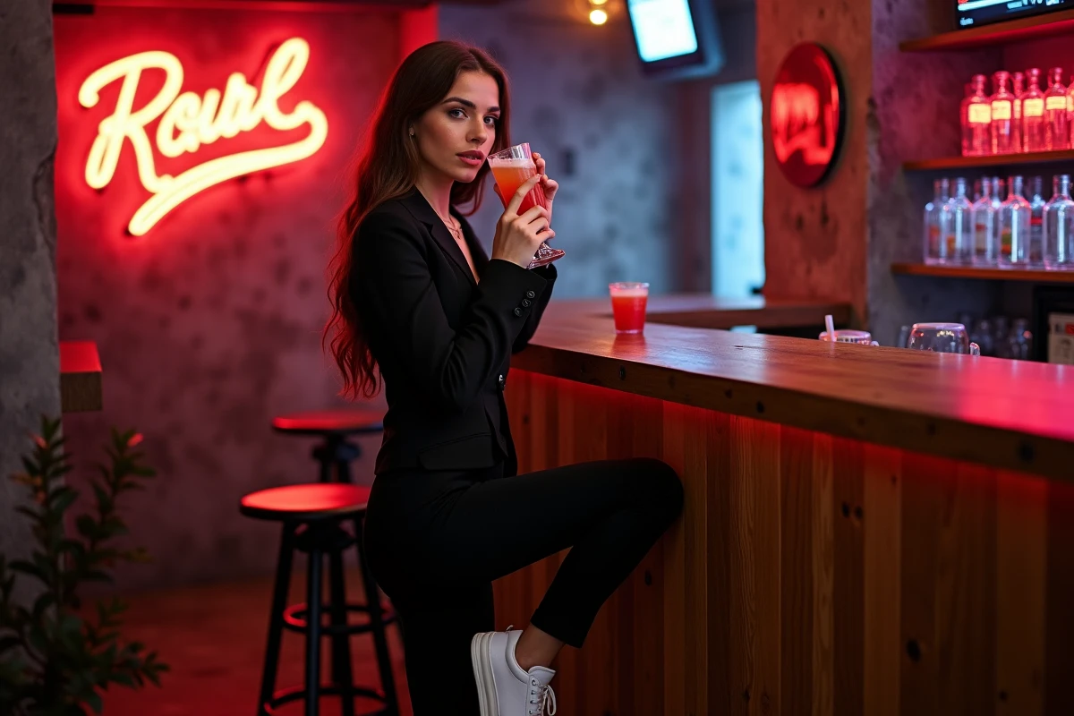 Jeune femme au bar sirotant un mocktail dans un lieu de Lille