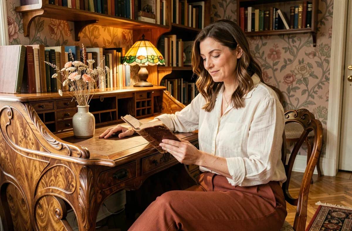 Femme lisant dans un bureau Art nouveau en noyer sculpté entouré de livres anciens et de papier peint floral dans une pièce chaleureuse